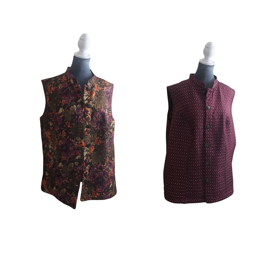 CJ Banks Reversible Quilted Vest 2X Floral & Burgundy Cottagecore w/ Pockets EUC